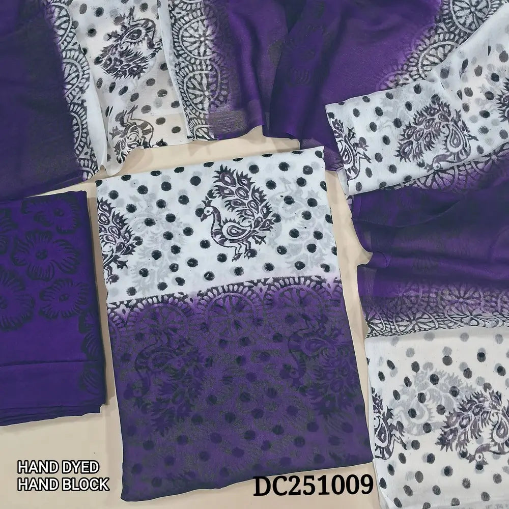 White & Purple premium georgette unstitched salwar material,(flowy, lining needed) hand block printed allover, printed santoon bottom, hand block printed dual shade chiffon dupatta. DC251009 (TAPING NEEDED)