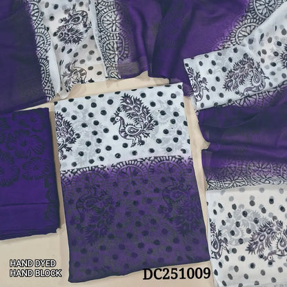 White & Purple premium georgette unstitched salwar material,(flowy, lining needed) hand block printed allover, printed santoon bottom, hand block printed dual shade chiffon dupatta. DC251009 (TAPING NEEDED)