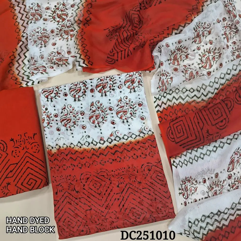 White & Orange premium georgette unstitched salwar material,(flowy, lining needed) hand block printed allover, printed santoon bottom, hand block printed dual shade chiffon dupatta. DC251010 (TAPING NEEDED)