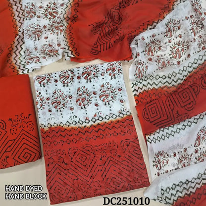 White & Orange premium georgette unstitched salwar material,(flowy, lining needed) hand block printed allover, printed santoon bottom, hand block printed dual shade chiffon dupatta. DC251010 (TAPING NEEDED)