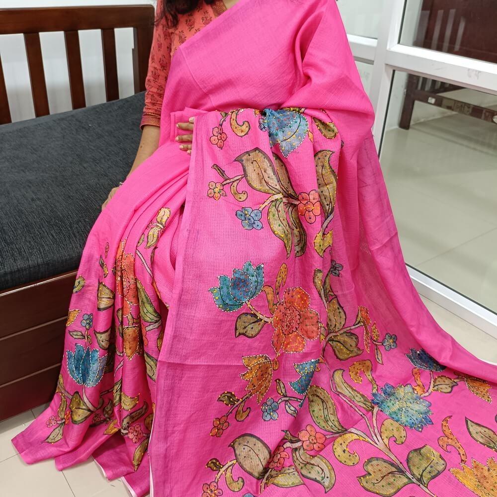 Bright Pink Premium kota silk saree (lightweight, thin, soft) colorful floral prints highlighted with hand embroidery work, rich pallu. Digital printed kota silk blouse. NS54