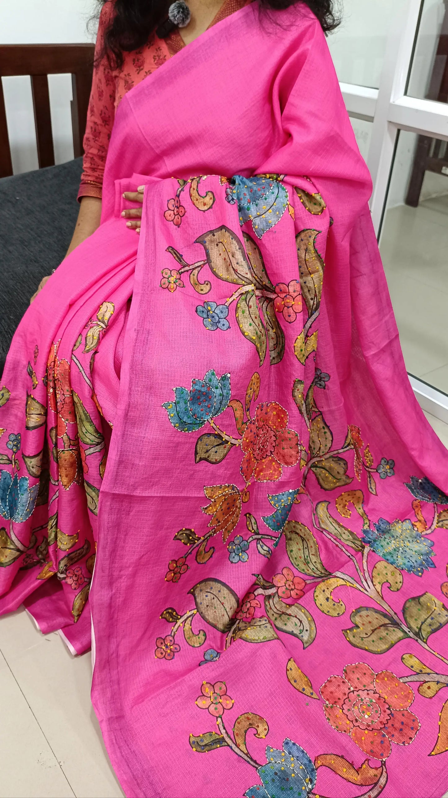 Bright Pink Premium kota silk saree (lightweight, thin, soft) colorful floral prints highlighted with hand embroidery work, rich pallu. Digital printed kota silk blouse. NS54