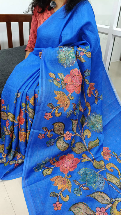 Ink Blue Premium kota silk saree (lightweight, thin, soft) colorful floral prints highlighted with hand embroidery work, rich pallu. Digital printed kota silk blouse. NS51