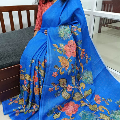 Ink Blue Premium kota silk saree (lightweight, thin, soft) colorful floral prints highlighted with hand embroidery work, rich pallu. Digital printed kota silk blouse. NS51