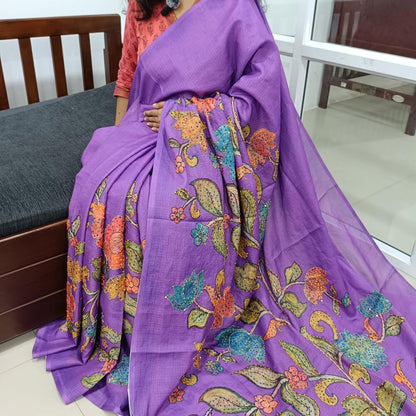 Purple Premium kota silk saree (lightweight, thin, soft) colorful floral prints highlighted with hand embroidery work, rich pallu. Digital printed kota silk blouse. NS52