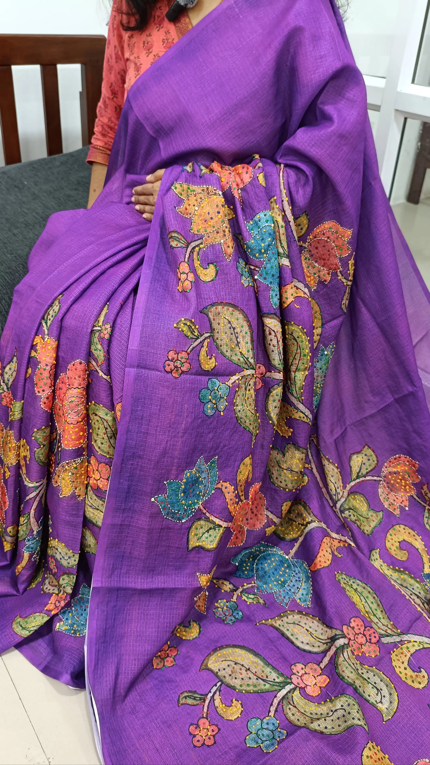 Purple Premium kota silk saree (lightweight, thin, soft) colorful floral prints highlighted with hand embroidery work, rich pallu. Digital printed kota silk blouse. NS52