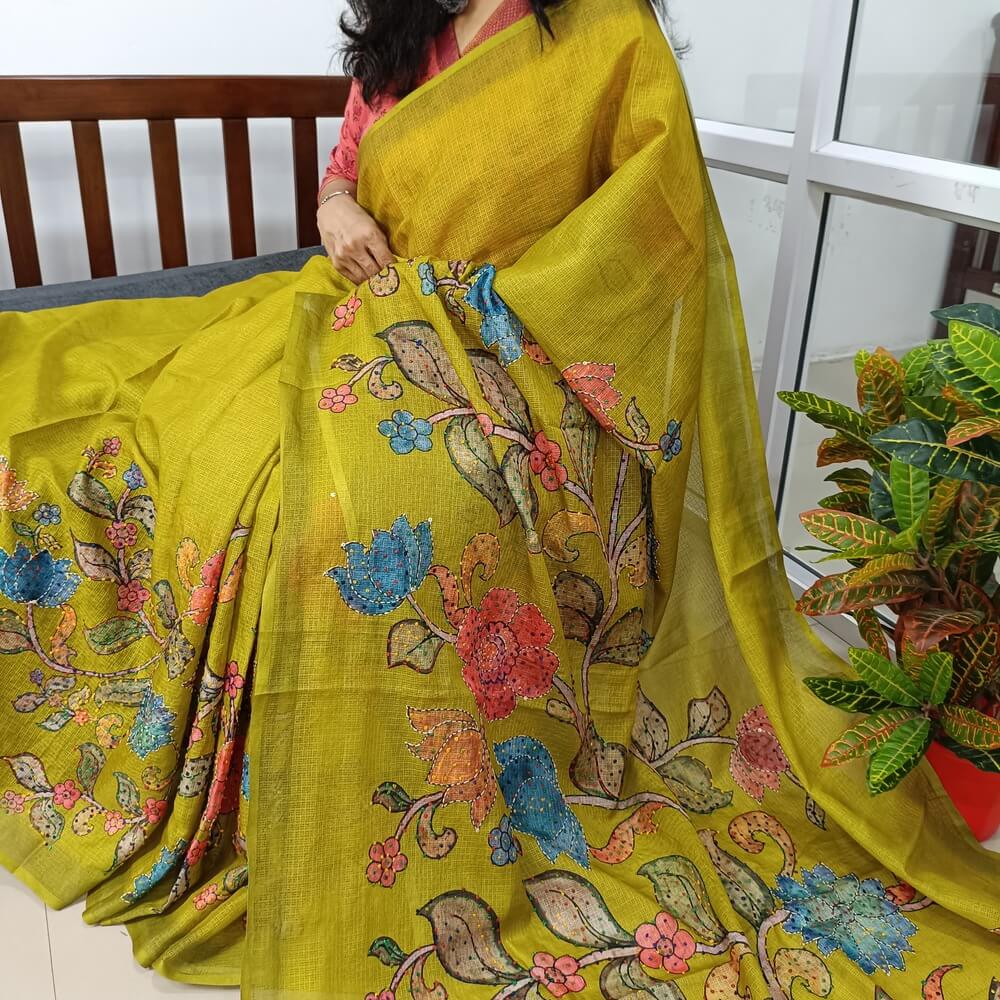 Mehandhi Green Premium kota silk saree (lightweight, thin, soft) colorful floral prints highlighted with hand embroidery work, rich pallu. Digital printed kota silk blouse. NS50