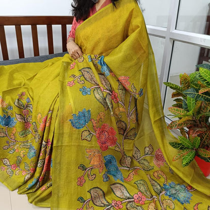 Mehandhi Green Premium kota silk saree (lightweight, thin, soft) colorful floral prints highlighted with hand embroidery work, rich pallu. Digital printed kota silk blouse. NS50