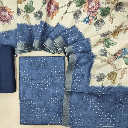 Blue shade digital printed silk cotton unstitched salwar material (lining needed)bandhini prints all over, spun cotton bottom, colorful digital printed full length silk cotton dupatta with silver tissue borders. JN262719