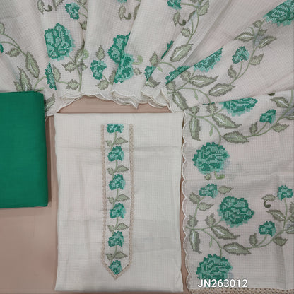 Off white base kota unstitched salwar material,cross stitch embroidery work on yoke(Lining Needed)turquoise green cotton bottom,cross stitch embroidery work on kota dupatta with scallop edges .JN263012