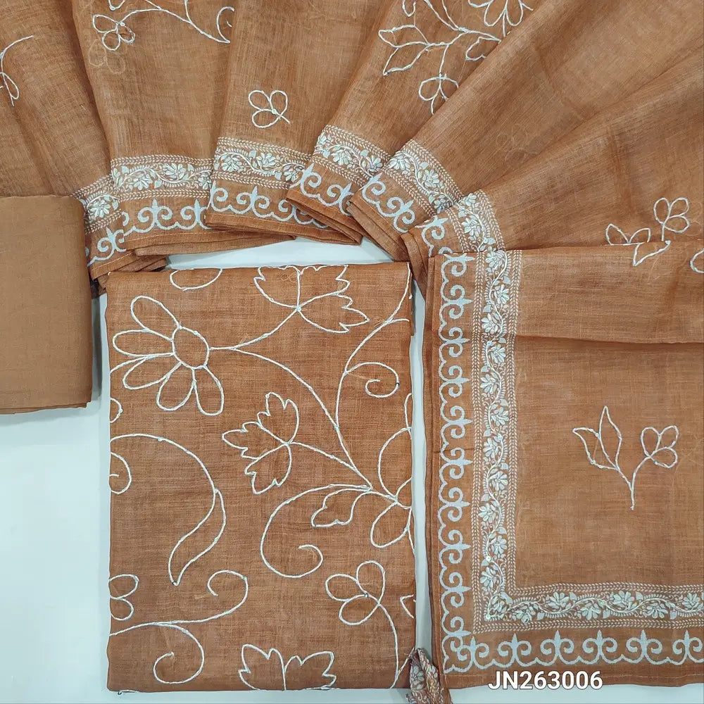 Designer light brown embroidered premium linen unstitched salwar material,embroidery work on front(textured, lining needed)matching santoon bottom,embroidered kantha stitch on premium linen dupatta. JN263006