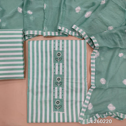 Designer pastel green vertical printed pure soft cotton unstitched salwar material, bead & french kont work on yoke (thin,lining optional)vertical printed cotton bottom,dye and dyed pure chiffon dupatta with printed tapping.JL260220
