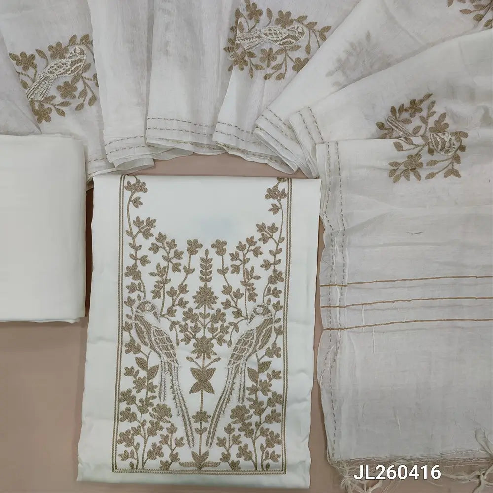 Off white base satin cotton unstitched salwar material(lining optional)floral embroidery work on yoke,thread embroidery on front, silk cotton bottom,embroidery work on fancy silk cotton dupatta with kantha stitch borders.(TAPPING NEEDED) JL260416