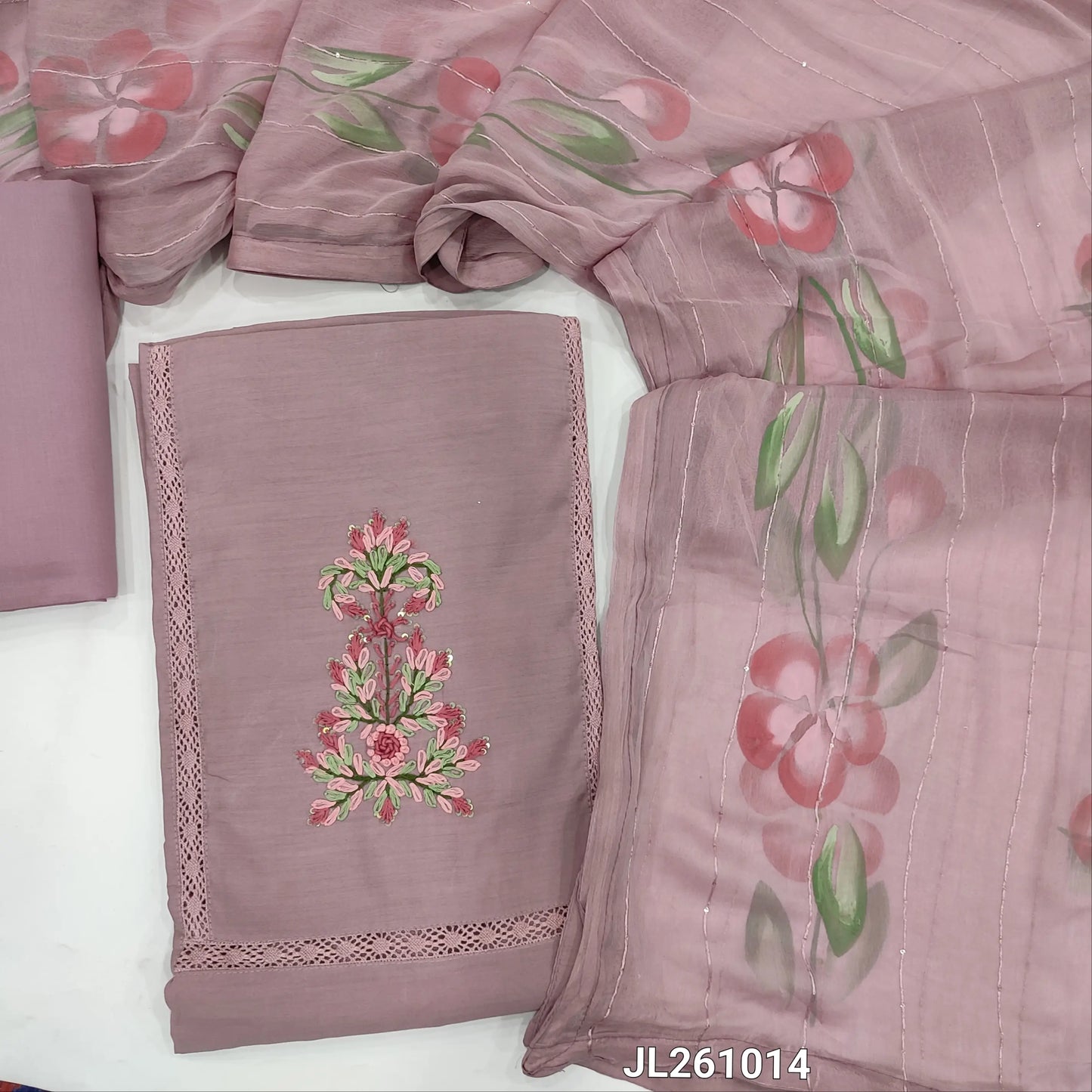Lavender soft silk cotton unstitched salwar material, hand embroidery on yoke,(lining needed)matching bottom, brush painted fancy chiffon dupatta. JL261014