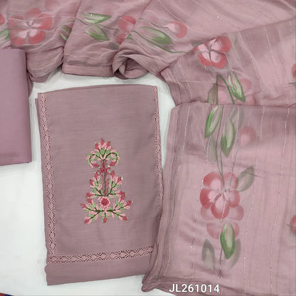 Lavender soft silk cotton unstitched salwar material, hand embroidery on yoke,(lining needed)matching bottom, brush painted fancy chiffon dupatta. JL261014