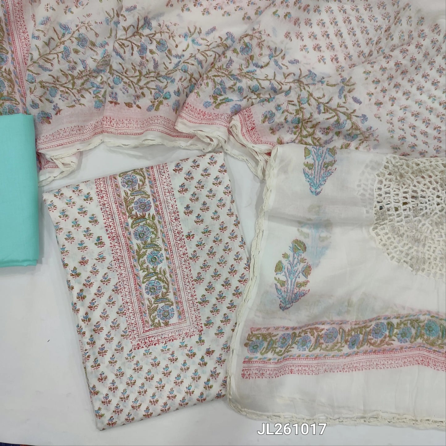White soft cotton unstitched salwar material (lining needed) hand block printed allover, pastel blue cotton bottom, hand block printed, crochet work on mul cotton dupatta. JL261017