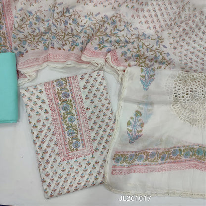 White soft cotton unstitched salwar material (lining needed) hand block printed allover, pastel blue cotton bottom, hand block printed, crochet work on mul cotton dupatta. JL261017