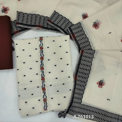 Off white premium pure mul cotton unstitched salwar material, thread embroidery& bead work on yoke, floral weaving,bead work on daman(lining optional)dark maroon cotton bottom, weaving mul cotton full length dupatta. JL261013