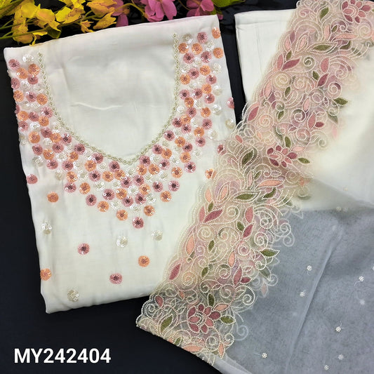 CODE MY242404 : Half white premium soft silk cotton unstitched salwar material, rich sequins& pearl bead work on yoke(lining needed)matching santoon bottom, embroidered fancy organza dupatta with cut work edges.