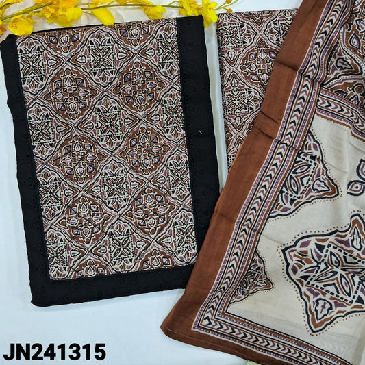 CODE JN241315 : Black pure cotton unstitched salwar material, brown printed yoke patch with stitch detailing, hakoba work on front(thin fabric, lining needed)printed cotton bottom, printed pure cotton dupatta.