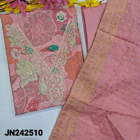 CODE JN242510 : Pastel pink premium modal masleen printed unstitched salwar material(soft,lining optional)V neck with thread detailing,matching silky bottom,soft silk cotton dupatta with zari buttas all over & borders.