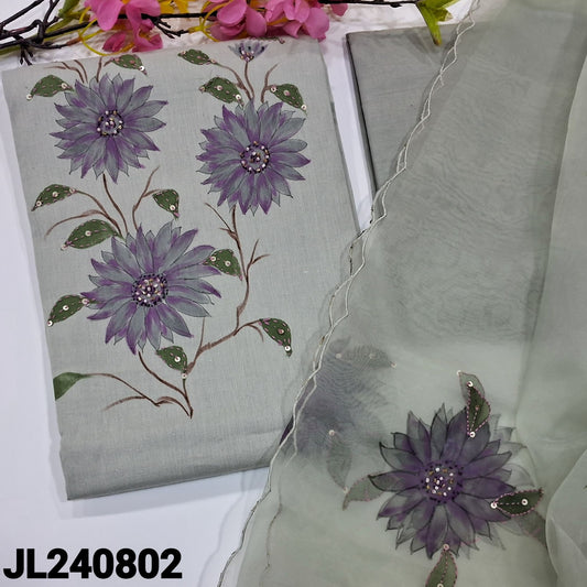 CODE JL240802 : Light grey premium cotton unstitched salwar material,hand brush painted,kantha stich&sequins work on front(lining needed)matching drum dyed fabric provided for lining, NO BOTTOM, fancy organza dupatta with hand brush paint& cut work edges.