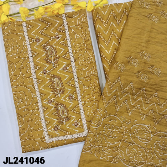 CODE JL241046 : Mehandhi yellow printed soft cotton unstitched salwar material, embroidered, lace& mirror work on yoke(lining needed)zigzag printed cotton bottom, crinkled soft pure cotton dupatta.