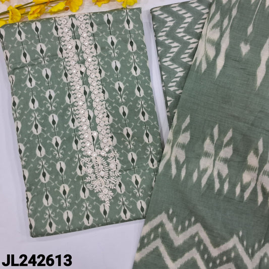 CODE JL242613 : Cement green printed soft cotton unstitched salwar material, embroidered on yoke(lining optional)zigzag printed cotton bottom, printed pure cotton dupatta.