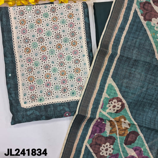 CODE JL241834 : Dark teal blue semi gicha textured silk cotton unstitched salwar material, embroidered, faux mirror &schiffli work on yoke(thin fabric, lining needed)embroidered on front, matching silky bottom, semi gicha dupatta.