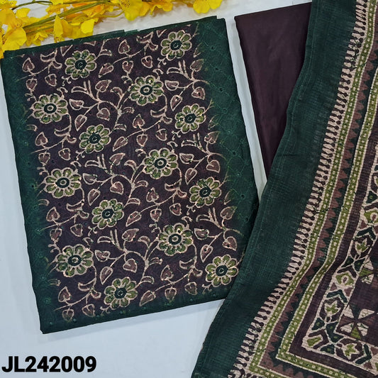 CODE JL242009 : Dark green digital printed silk cotton unstitched salwar material, floral design on yoke, schiffli work on front(thin fabric, lining needed)wine purple silky bottom, printed fancy silk cotton dupatta with zari lines.