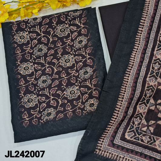 CODE JL242007 : Black digital printed silk cotton unstitched salwar material, floral design on yoke, schiffli work on front(thin fabric, lining needed)wine purple silky bottom, printed fancy silk cotton dupatta with zari lines.