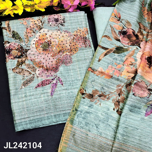 CODE JL242104 : Greenish blue premium tussar unstitched salwar material, hand work on yoke(thin fabric, lining needed)rich hand work on daman, matching santoon bottom, floral printed premium tussar dupatta with tassels.