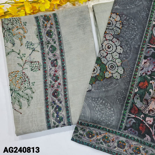 CODE AG240813 : Greyish green designer soft silk cotton unstitched salwar material, printed with french knot& sequins work on yoke& front(lining needed)matching santoon bottom, digital printed silk cotton dupatta with thread& sequins work.