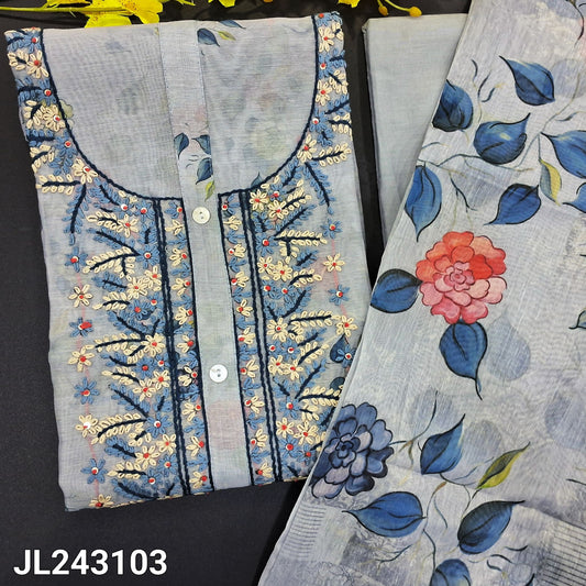 CODE JL243103 : Powder blue digital floral printed silk cotton unstitched salwar material,heavy hand embroidered on yoke with fancy buttons(lining needed)matching drum dyed cotton fabric provided for lining, NO BOTTOM, digital printed silk cotton dupatta.