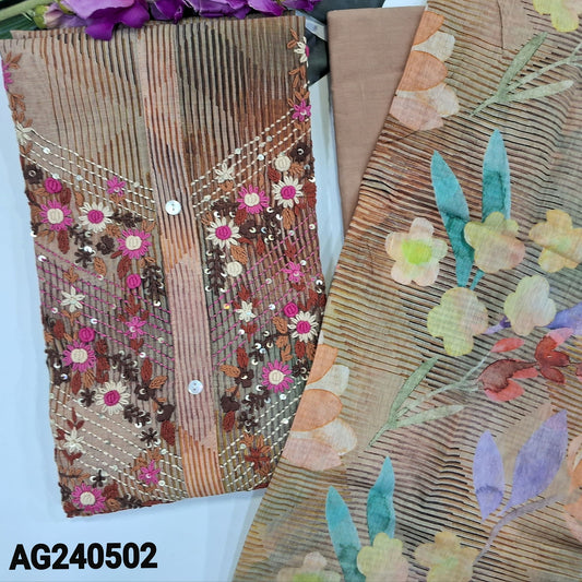 CODE AG240502 : Greenish beige designer abstract printed silk cotton unstitched salwar material, rich hand work on yoke(lining needed)matching drum dyed pure cotton thin fabric provided for lining, NO BOTTOM, floral printed silk cotton dupatta.