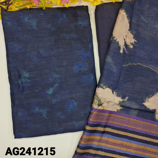 CODE AG241215 : Navy blue premium tussar silk unstitched salwar material, abstract printed all over(textured fabric, lining needed)matching santoon bottom, abstract printed tussar silk dupatta with pallu.