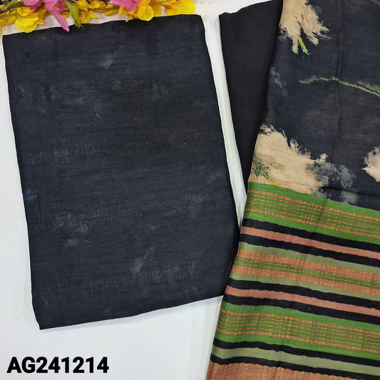 CODE AG241214 : Black premium tussar silk unstitched salwar material, abstract printed all over(textured fabric, lining needed)matching santoon bottom, abstract printed tussar silk dupatta with pallu.