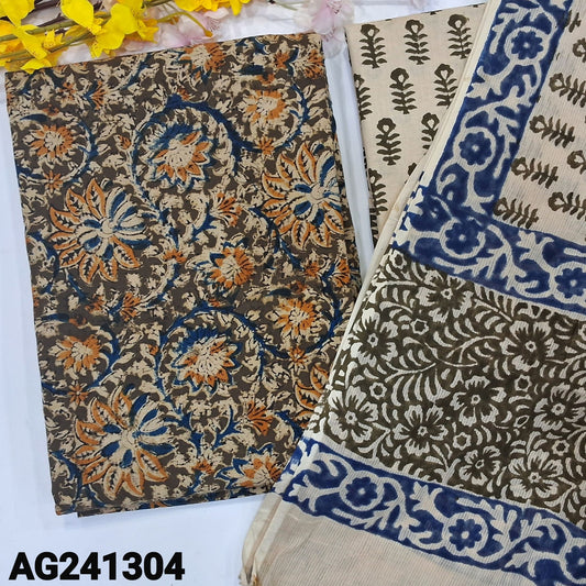 CODE AG241304 : Dark olive green base kalamkari hand block printed unstitched salwar material(lining optional)block printed cotton bottom, block printed pure soft cotton dupatta(REQUIRES TAPINGS).