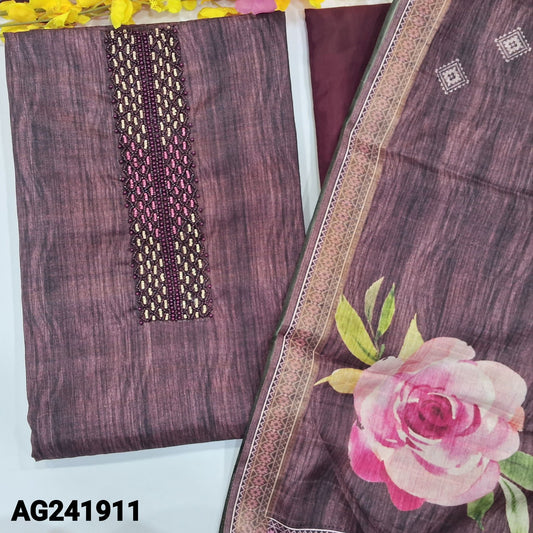 CODE AG241911 : Dark mauve digital printed semi tussar textured silk cotton unstitched salwar material, bead work on yoke(lining needed)silky bottom, digital printed semi tussar dupatta with zari woven borders.