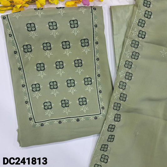 CODE DC241813 : Pale green semi georgette unstitched salwar material, cross stitch embroidered on yoke(thin fabric, lining needed)matching silky bottom, cross stitch embroidered full length georgette dupatta.