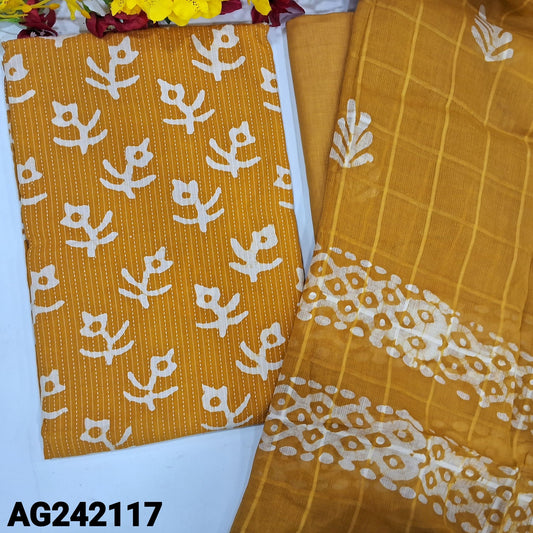 CODE AG242117 : Dark fenugreek yellow original wax batik pure kantha cotton unstitched salwar material(lining optional)matching thin cotton fabric provided for lining, NO BOTTOM, original wax batik pure cotton full length dupatta.