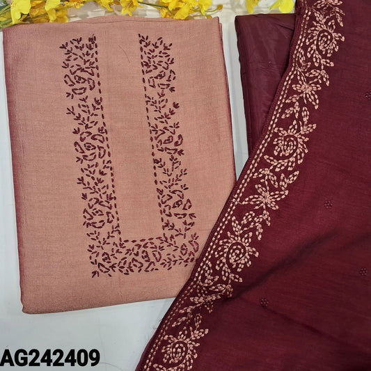 CODE AG242409 : Light peachish pink fancy silk unstitched salwar material, embroidered on yoke(thin fabric, lining needed)dark maroon silky bottom, embroidered fancy soft silk dupatta.