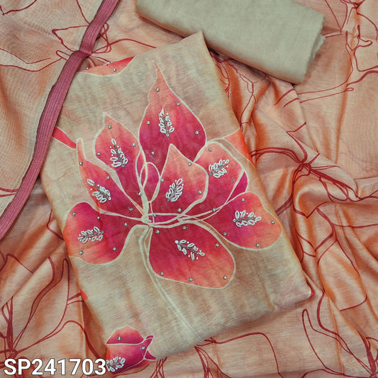 CODE SP241703 : Pastel peach digital printed soft silk cotton unstitched salwar material, zardozi, thread& bead work on front(lining needed)matching santoon bottom, floral printed soft silk cotton dupatta.