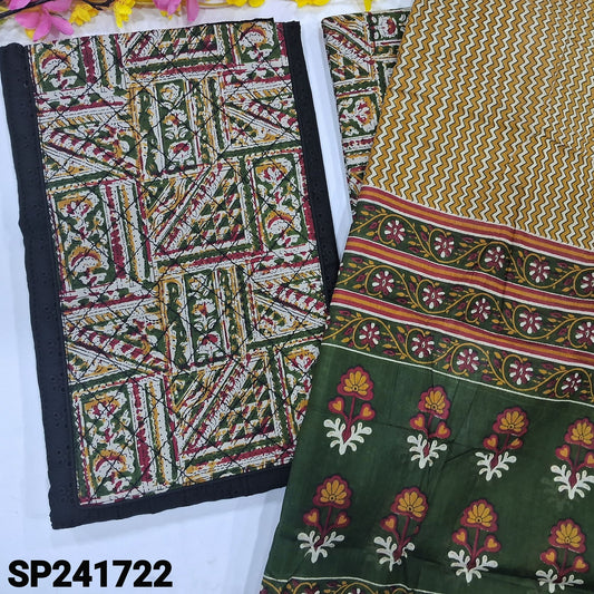 CODE SP241722 : Black schiffli embroidered premium cotton unstitched salwar material, printed yoke with stitch work(lining needed)printed cotton bottom, mehandhi green printed pure cotton dupatta.