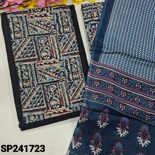 CODE SP241723 : Black schiffli embroidered premium cotton unstitched salwar material, printed yoke with stitch work(lining needed)printed cotton bottom, blue printed pure cotton dupatta.