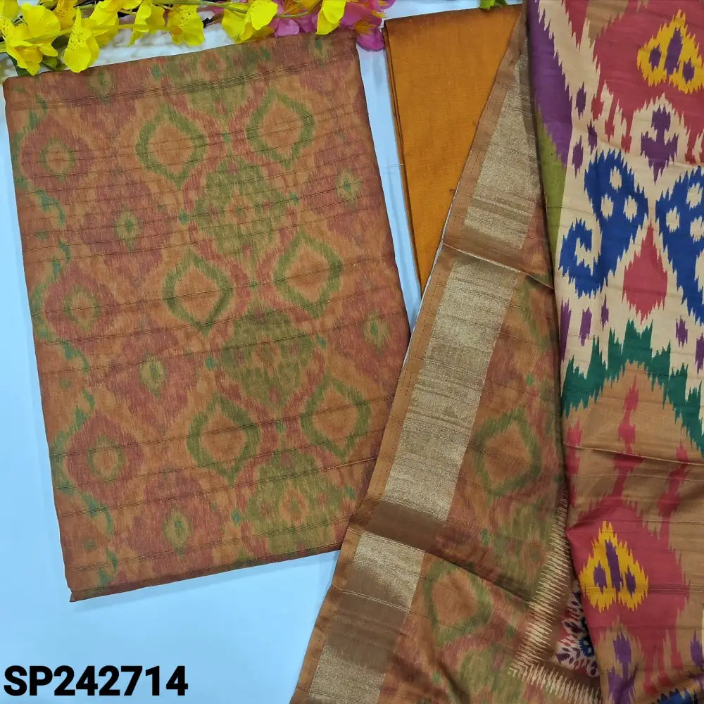 CODE SP242714: Mehandhi yellow sobar ikat printed semi gicha unstitched salwar material self weaving design all
