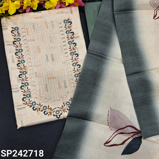 CODE SP242718 : Half white printed semi tussar unstitched salwar material, sequins, embroidery& cut work on yoke(thin fabric, lining needed)grey silky bottom, printed semi tussar dupatta.