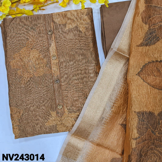 CODE NV243014 : Greyish beige with golden tint digital printed crinkled tissue silk cotton unstitched salwar material(thin fabric, lining needed)matching santoon bottom, floral printed crinkled tissue silk cotton dupatta with gold tissue borders.