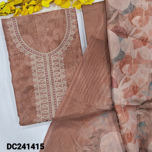 CODE DC241415 : Light onion pink with golden tint digital printed tissue silk cotton unstitched salwar material, thread& sequins work on yoke(thin fabric, lining needed)matching silky bottom, dual shaded digital printed silk cotton dupatta.