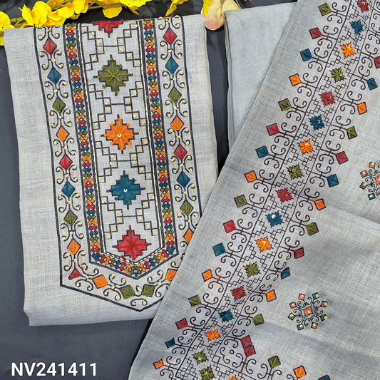 CODE NV241411 : Light grey with golden tint designer tissue linen unstitched salwar material, block printed yoke with thread& sequins work(lining needed)matching santoon bottom, printed tissue lined dupatta with thread& sequins work.